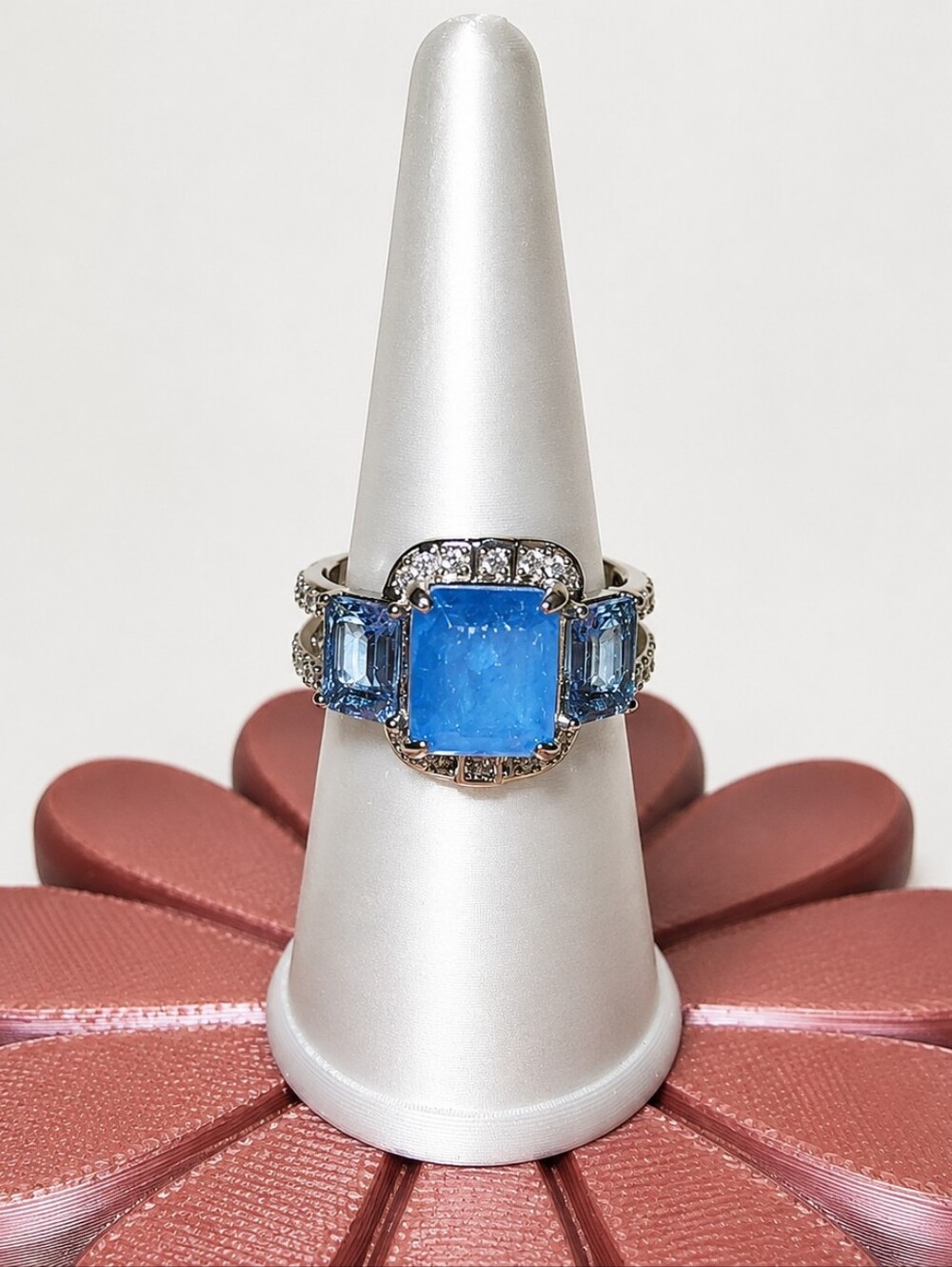 Bomb Party "Just Three Gorgeous Steps" Ocean Blue Quartz Ring Size 7 Rhodium